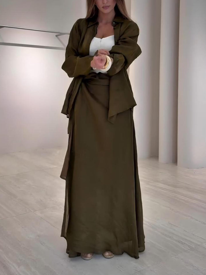 Casual Retro-Tone Tie-Waist High-Slit Maxi Skirt
