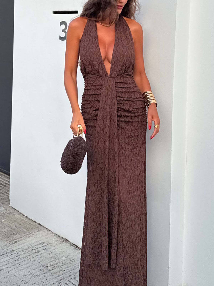 Deep V Halter-neck Lace-up Pleated Ribbon Design Maxi Dress