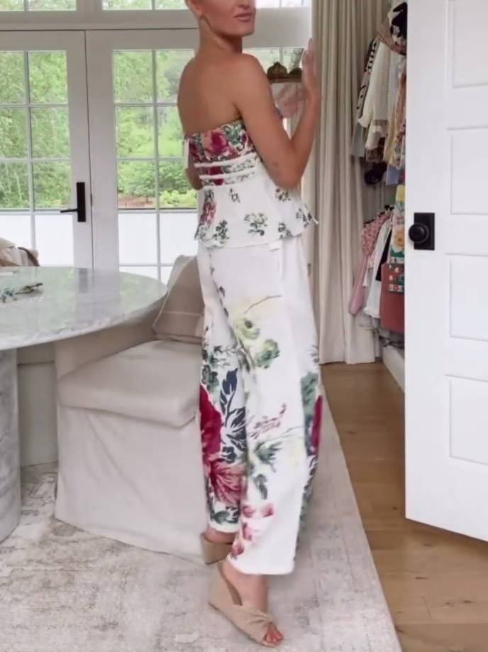 Floral Print Tube Top And Wide-Leg Pants Suit