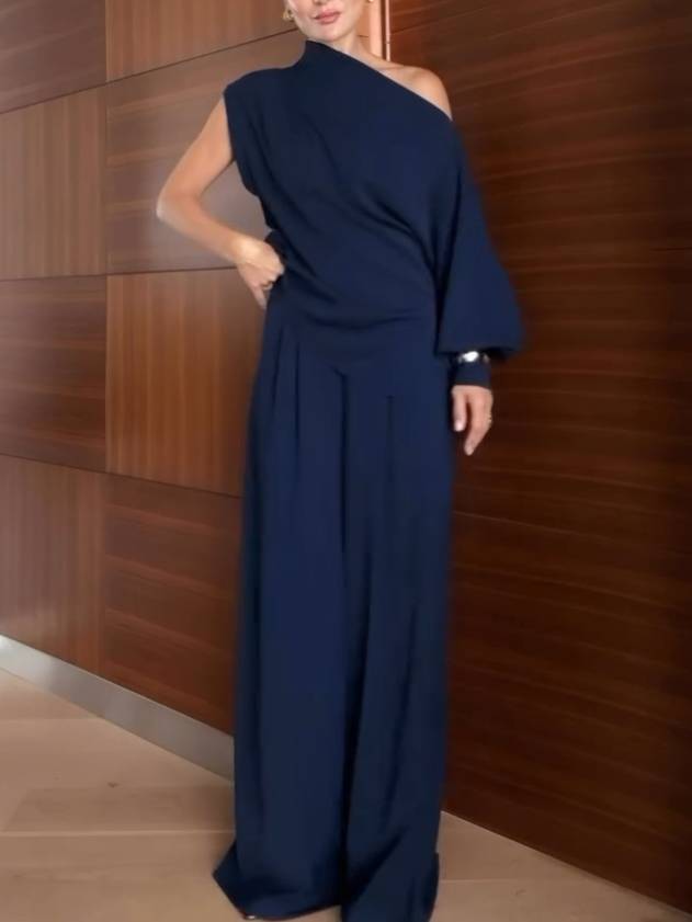Off-shoulder Single-sleeve Shirt And Wide Leg Pants Suit-Pants