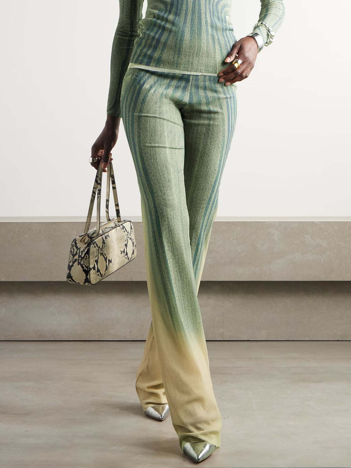 Artistic Abstract Print Sheer Knit Long-Sleeve Top