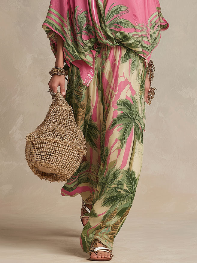 Bohemian Tropical Print Loose Batwing Sleeve Shirt