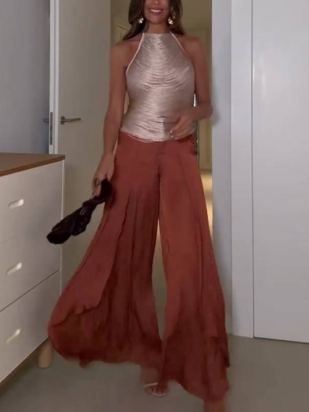 Vacation Style Tassel Top And Wide Leg Pants Suit-Pants