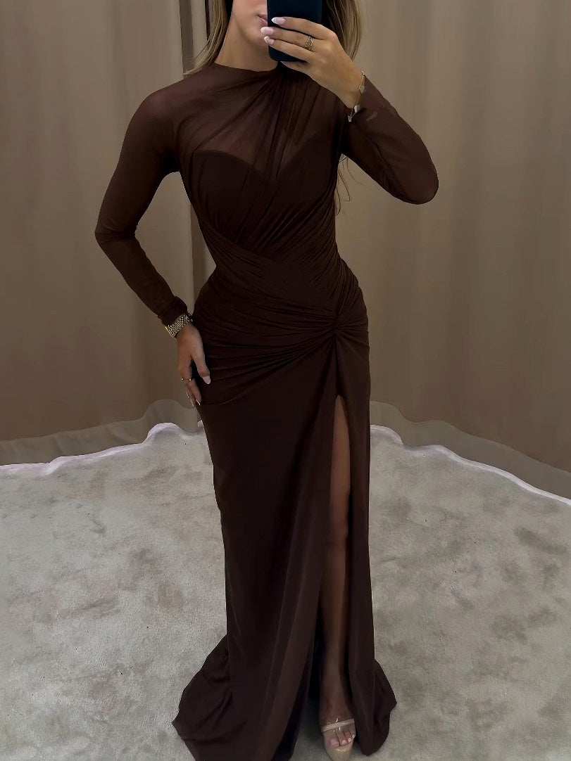 Elegant Draped Long-sleeved Maxi Dress