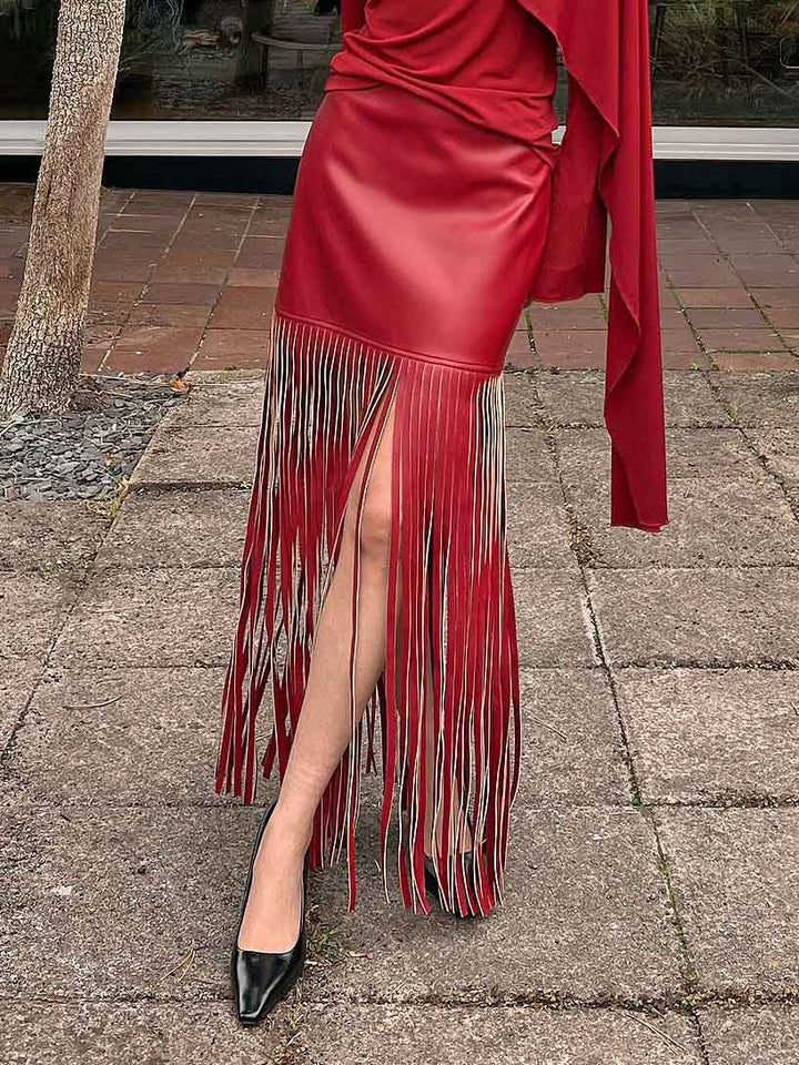 Exquisite High-Slit Fringe Leather Midi Skirt