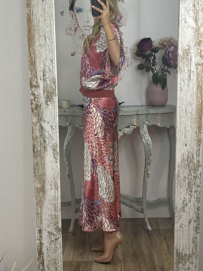 Elegant Vintage Satin Floral Print Fishtail Skirt