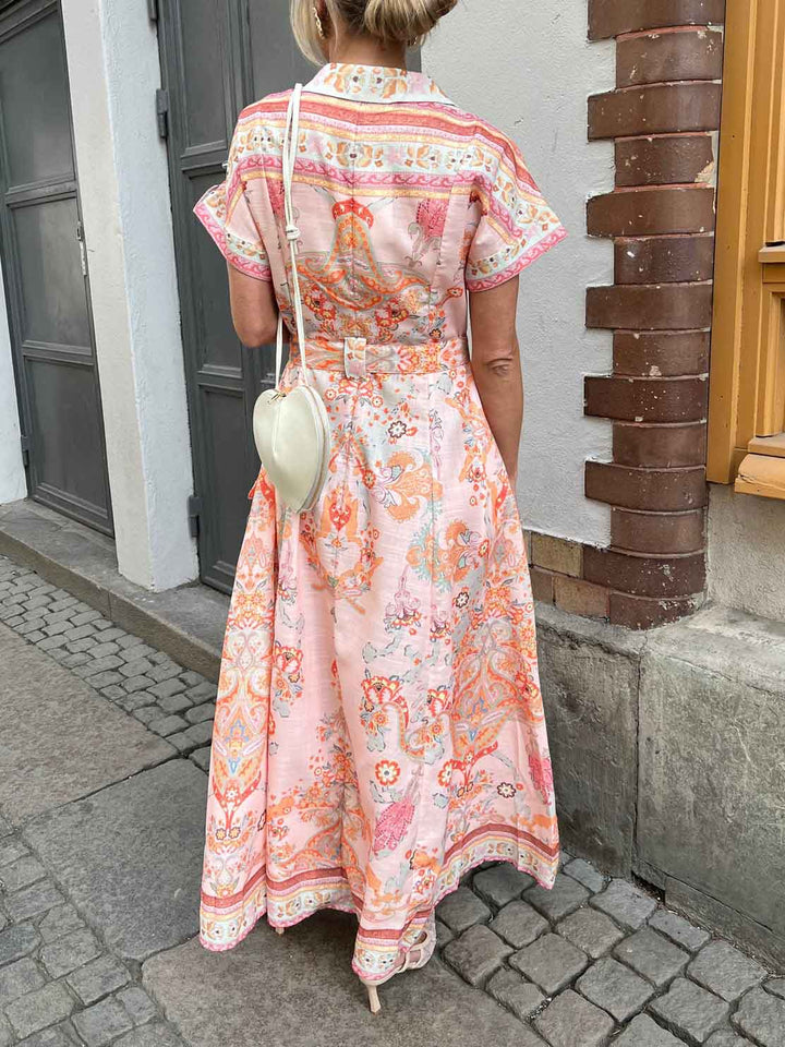 Exquisite Vintage Plley Print Shirt-style Maxi Dress