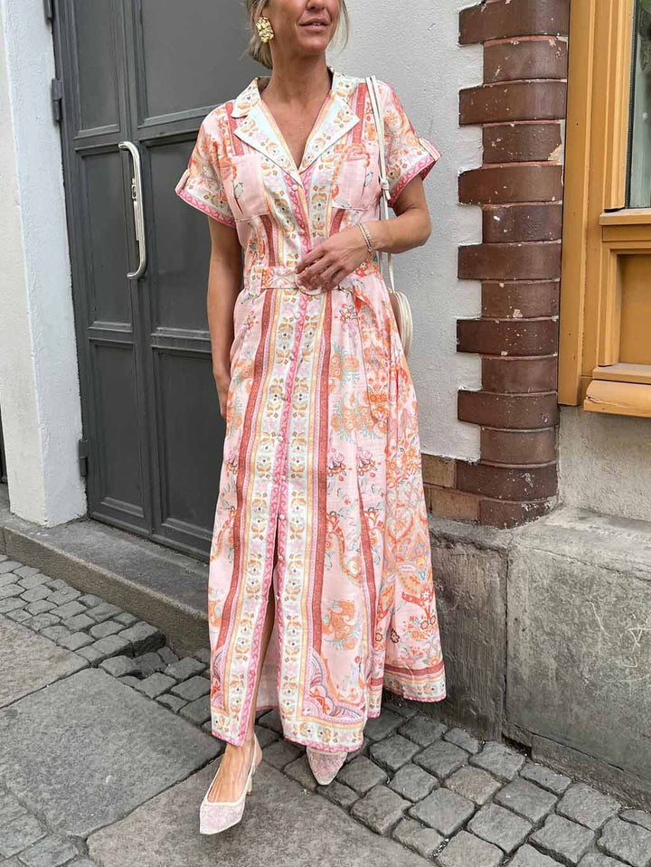 Exquisite Vintage Plley Print Shirt-style Maxi Dress