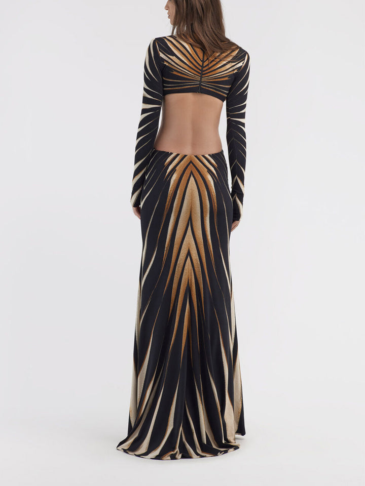 Gold Print Openwork Knit Maxi Dress