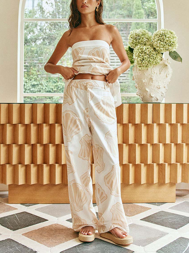 Exquisite Scallop Print Wide-leg Pants Two-piece Set
