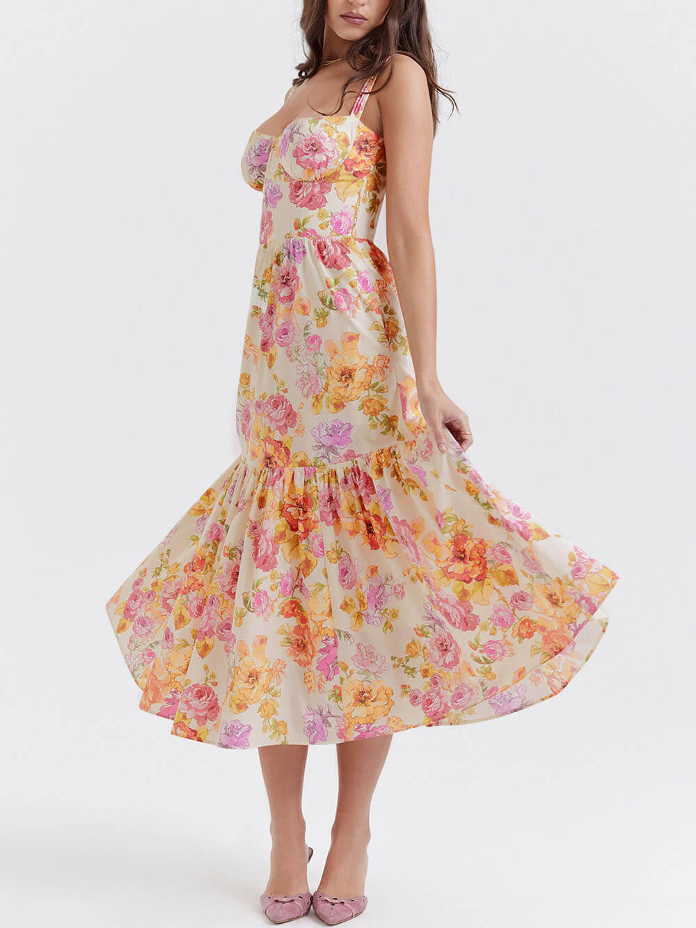 Strap A-Hem Floral Midi-kjole