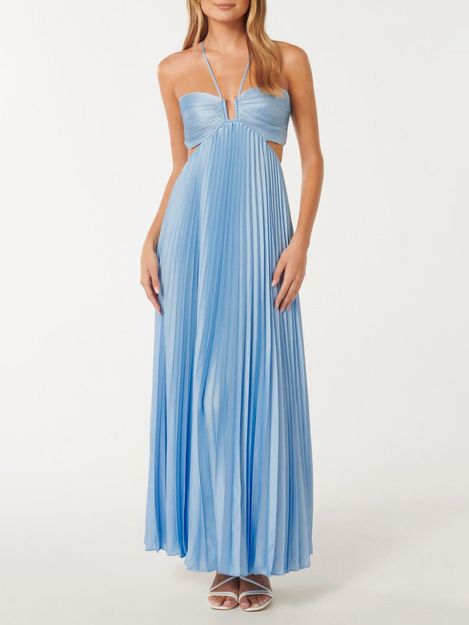 Elegant Sat Pleated Cross Legs Hollow Flowy Maxi Dress