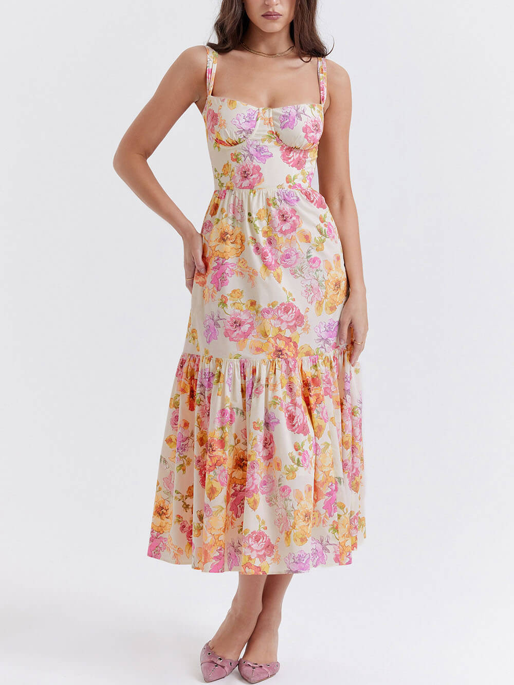 Strap A-Hem Floral Midi-kjole