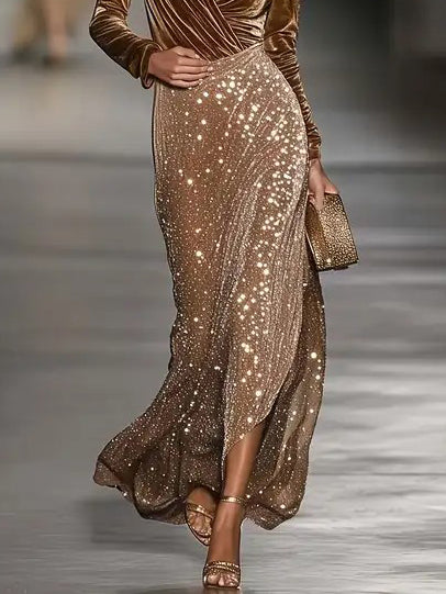 Elegant Long-Sleeved Velvet Jumpsuit And Skirt Two-Piece Set