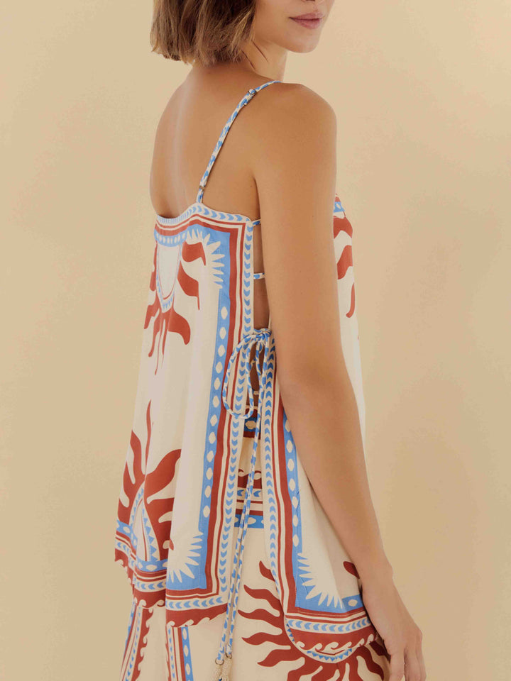 Unique Ethnic Style Sun Print Side Lace-up Tank Top