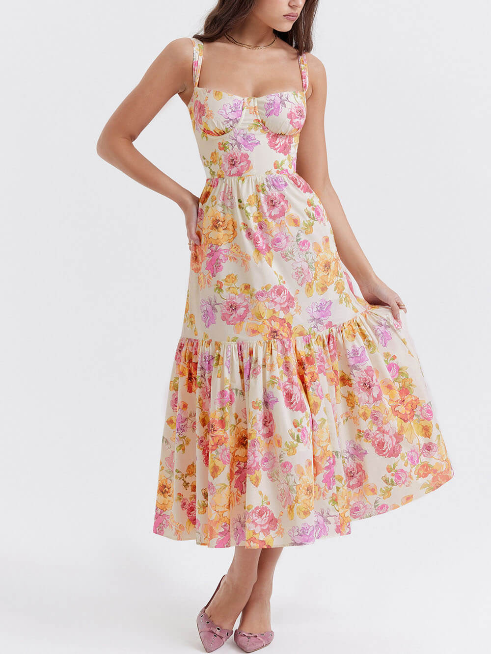 Vestido midi floral com alça em A