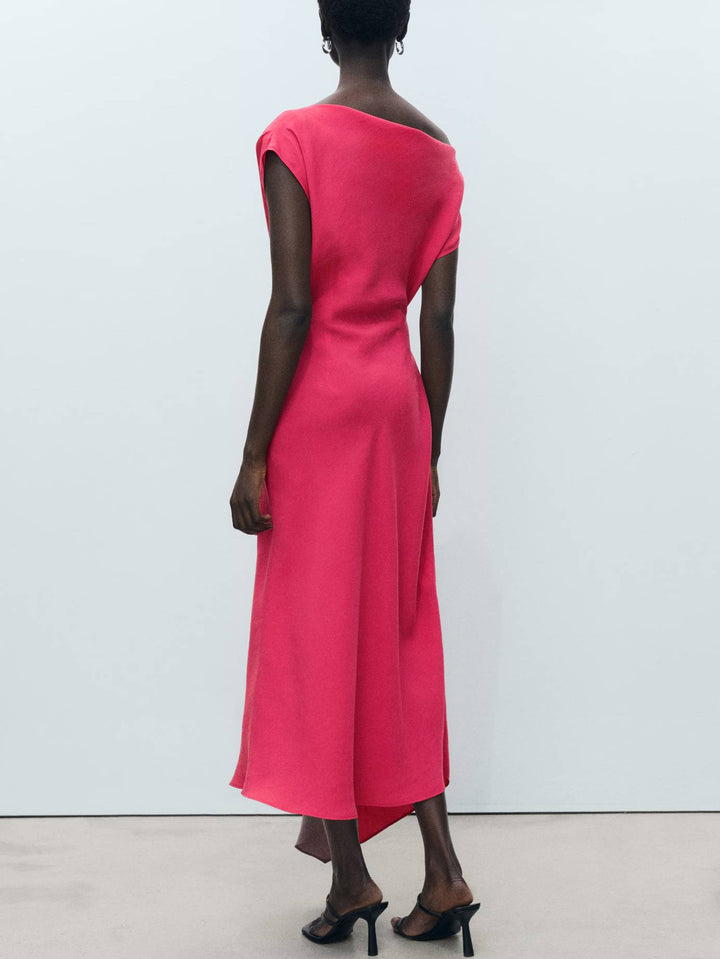 Oblique Shoulder Pleated Irregular Hem Dress