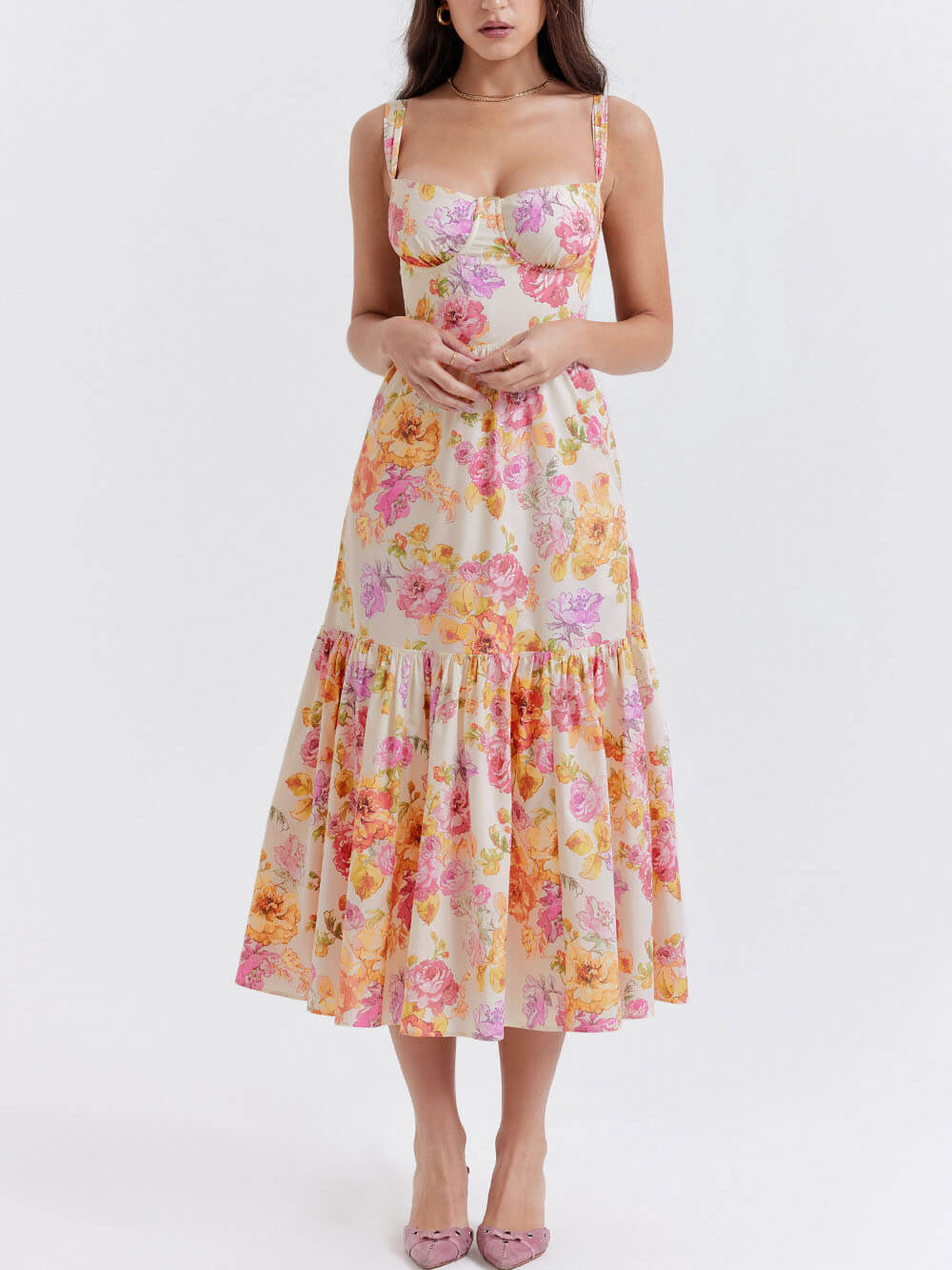 Strap A-Hem Floral Midi Dress