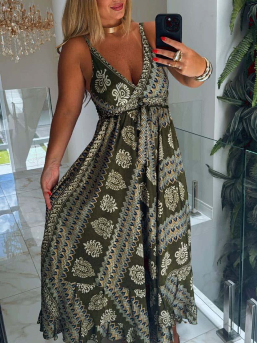 Summer Bohemian Print V-Neck Midi Dress