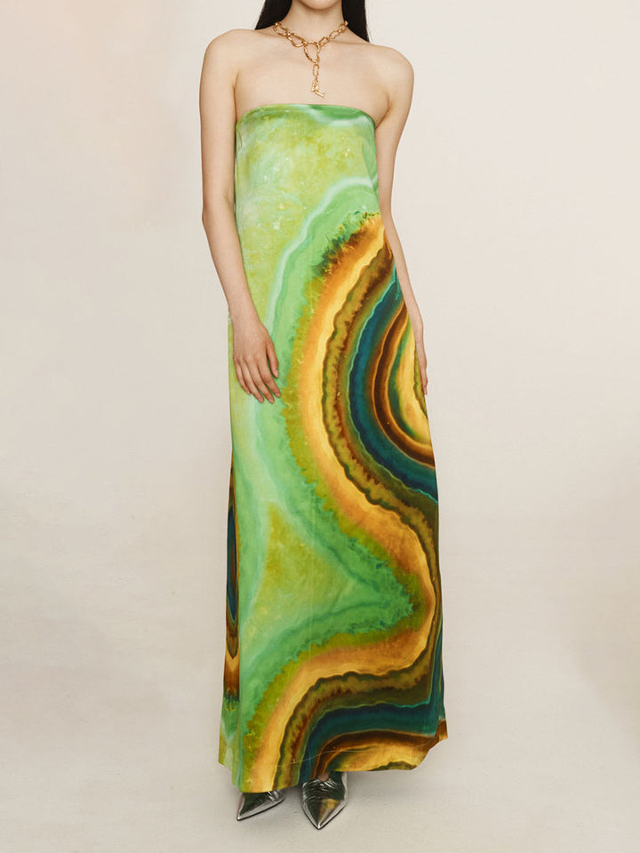 Exquisite Satin Off-the-shoulder Gradient Print Maxi Dress