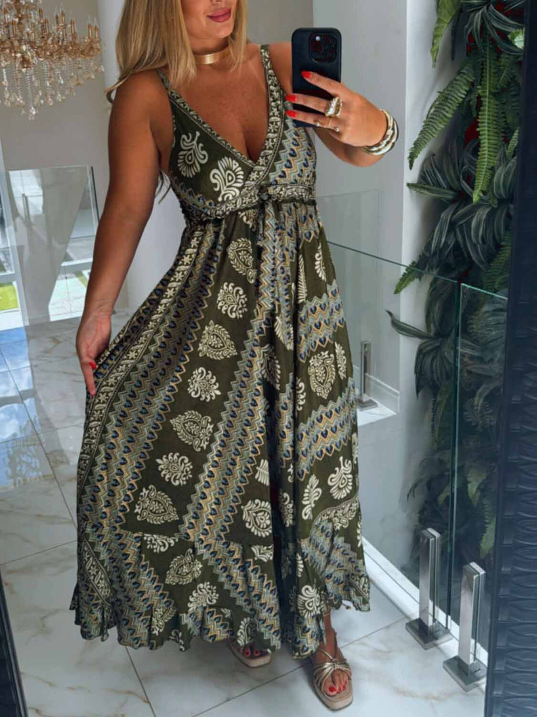 Summer Bohemian Print V-Neck Midi Dress