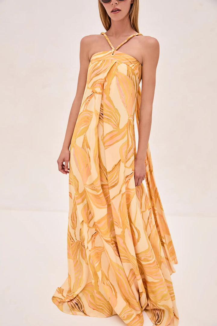 Unique Vibrant Amber Lily Print Flowy Maxi Dress