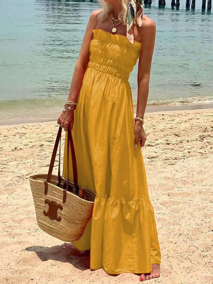 Smocked Bust Off Shoulder Vacation Maxi Dress