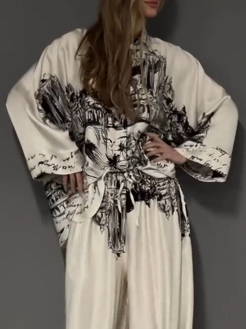 Architectural Print Satin Wide-Leg Pants
