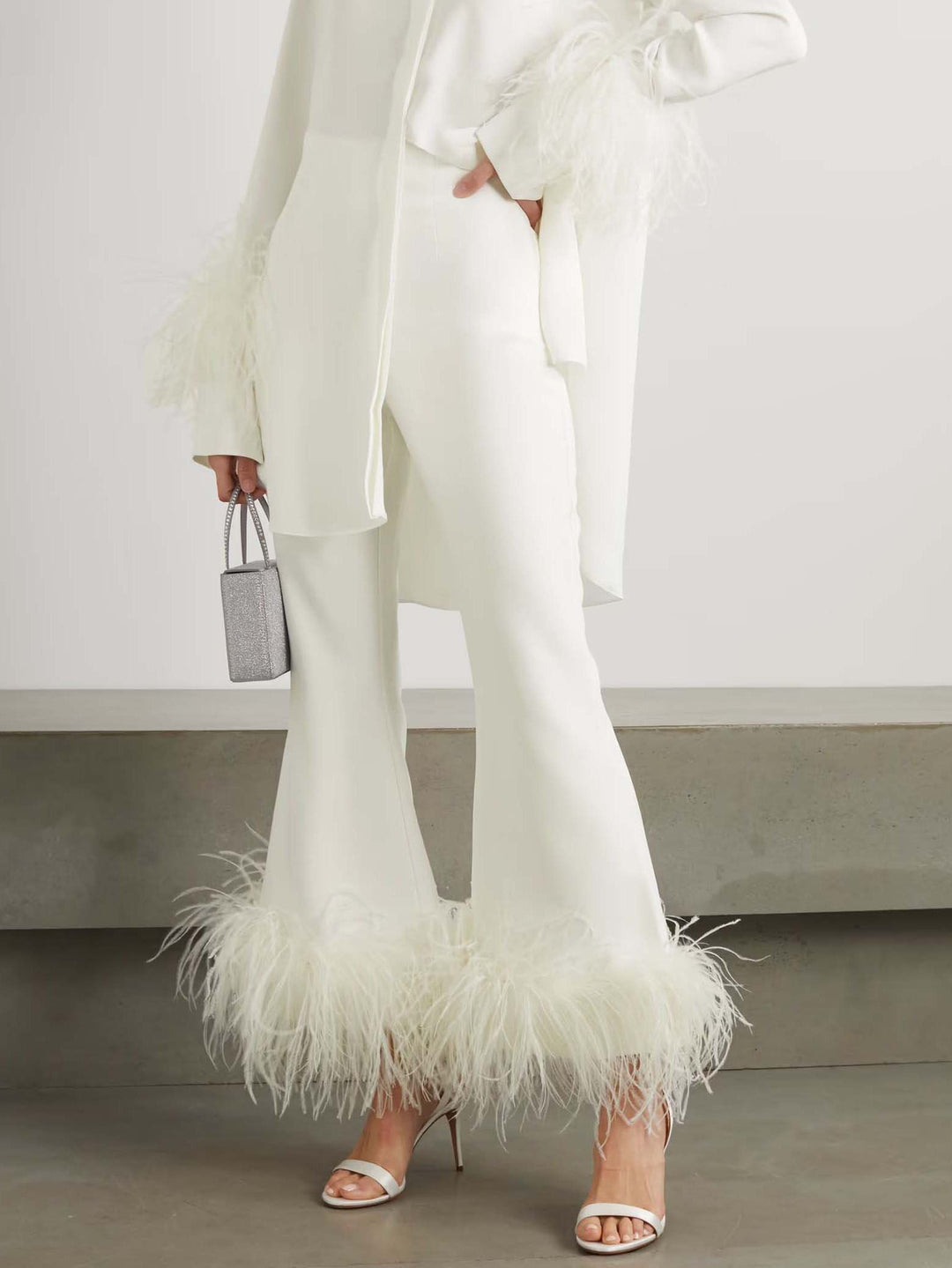 Elegant Satin Feather-trimmed Shirt Two-piece Set