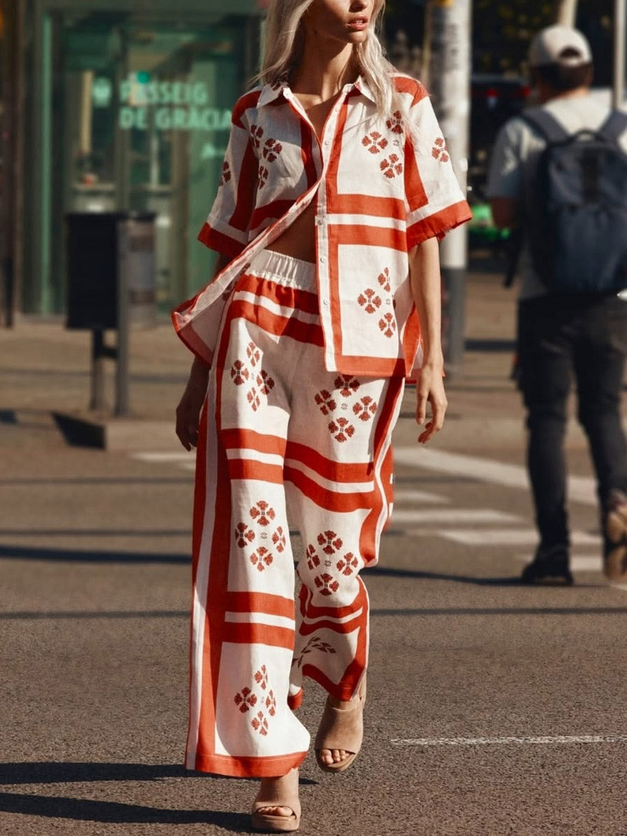 Retro Ethnic Floral Print Wide-leg Pants