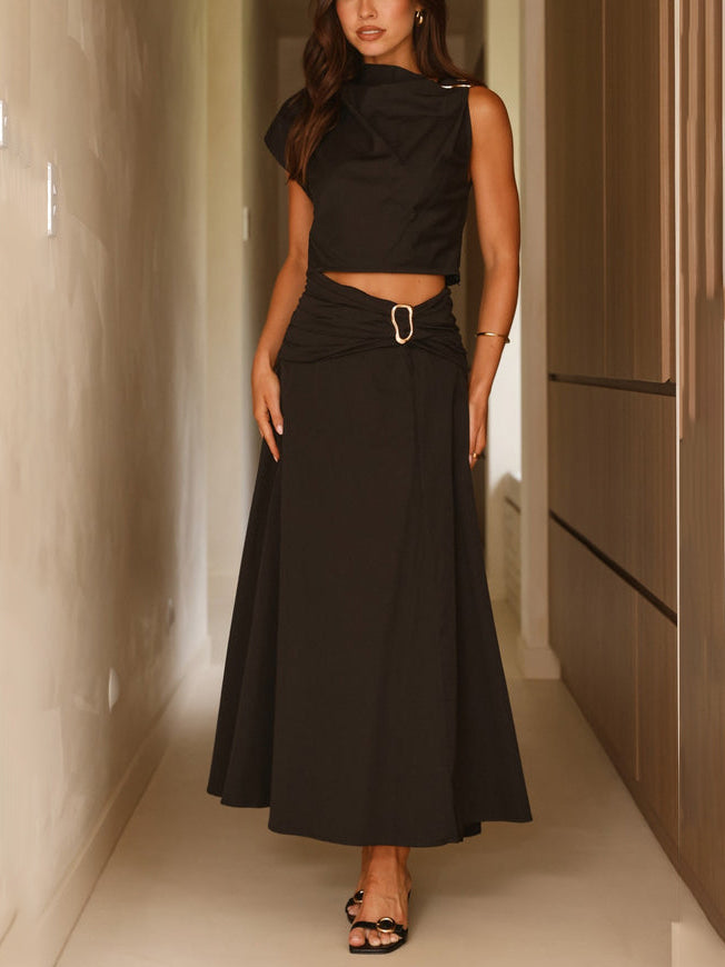 Fashion Casual Pleated Belted Maxi Skirt