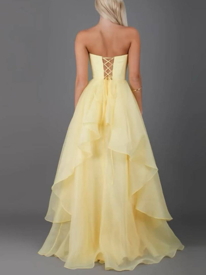 Tube Top Front Slit Multi-layer Maxi Dress