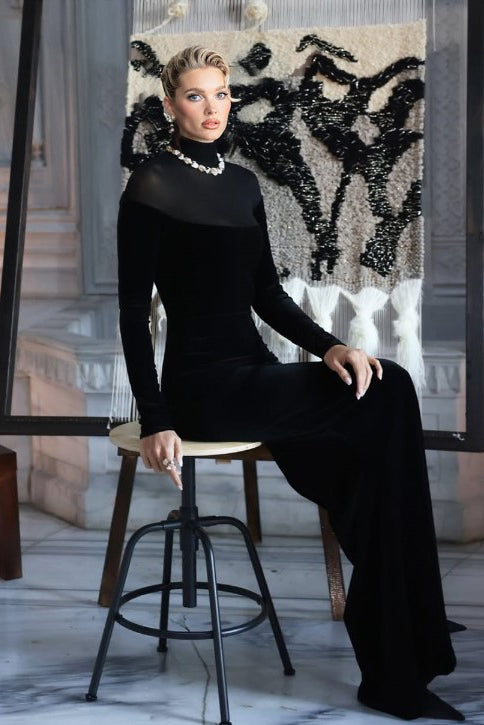 Velvet Splicing Perspective Tulle Maxi Dress