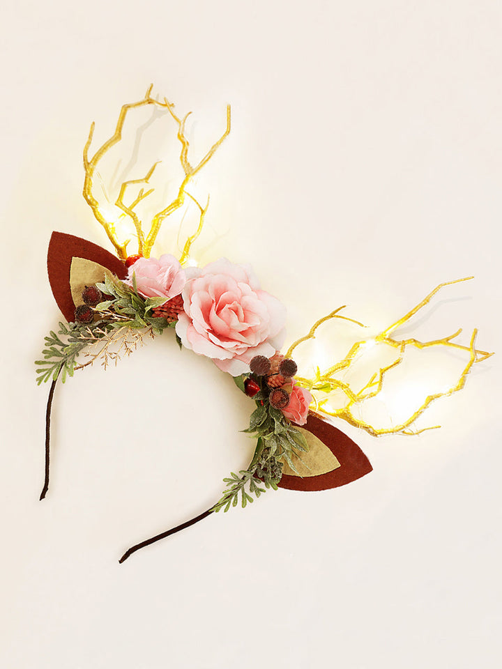 Diadema de reno navideño del bosque rosa