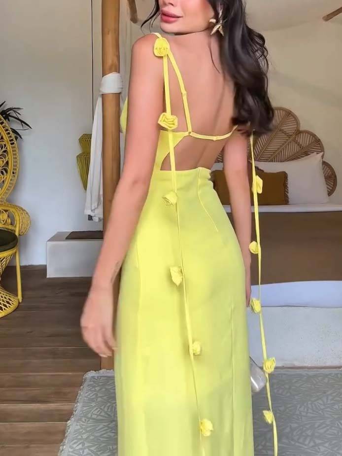 Floral Tassel Swing Collar Backless Maxi Dress