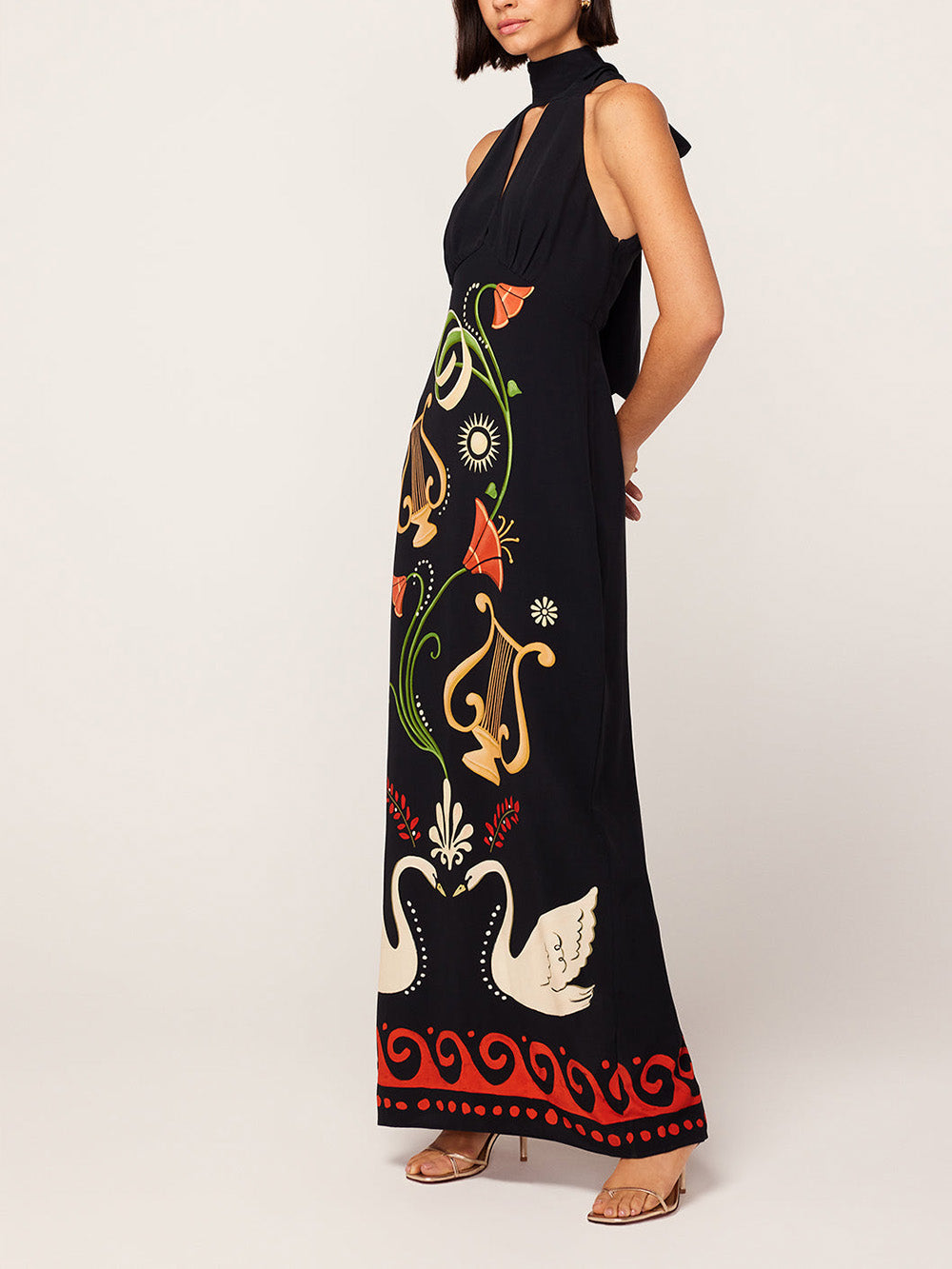 Black Cygnus And Lyra Print Halterneck Maxi Dress