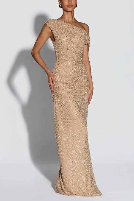 Off-Shoulder Shiny Pleated Maxi Dress