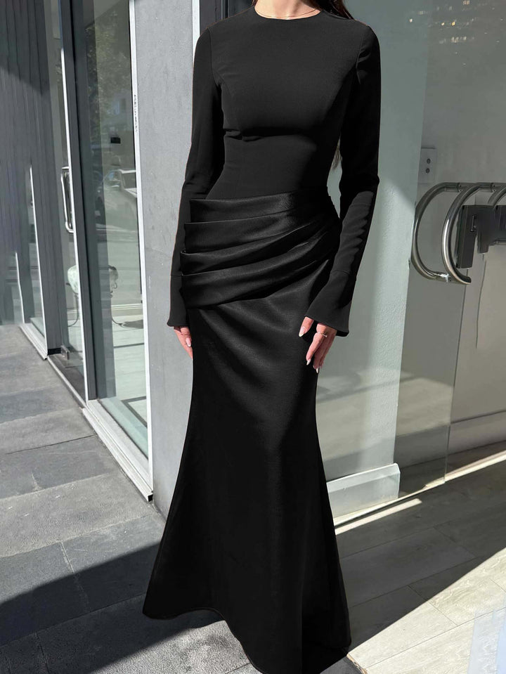 Elegant Long-Sleeved Draped Satin Maxi Dress