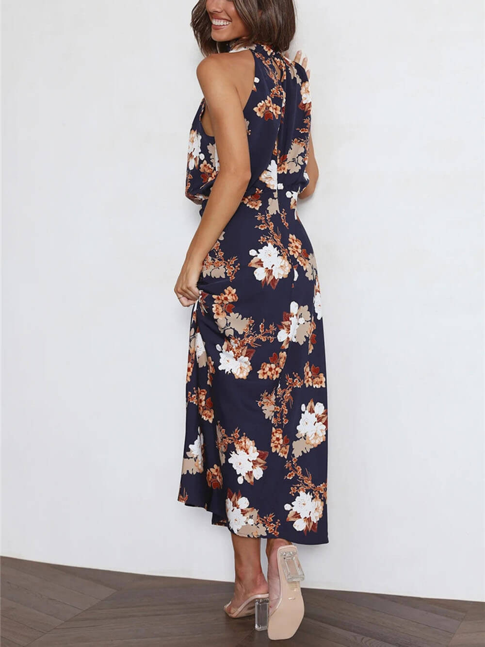 Robe longue florale à taille élastique et col licou