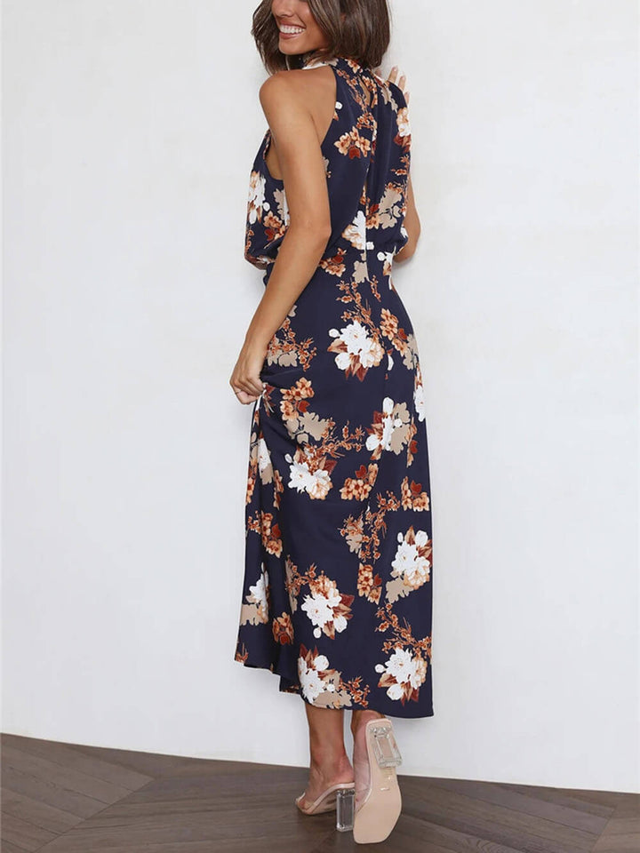 Vestido maxi floral com decote halter e cintura elástica