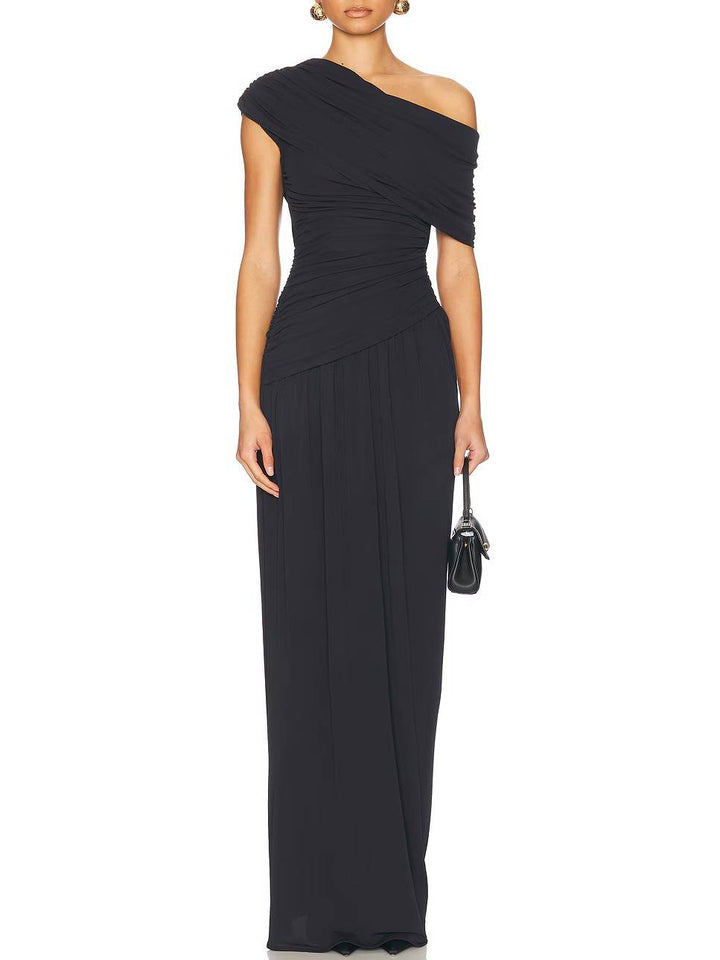 Off-shoulder Pleated Slim-fit Maxi Dress