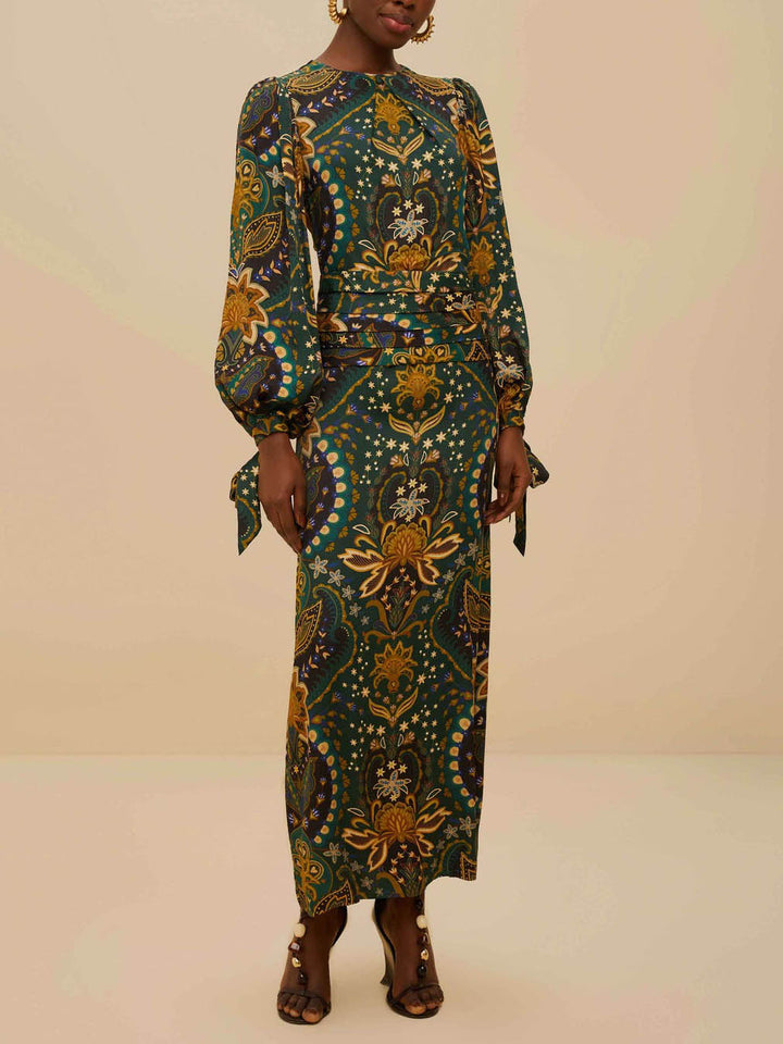 Exquisite Retro Paisley Print Belted Maxi Dress