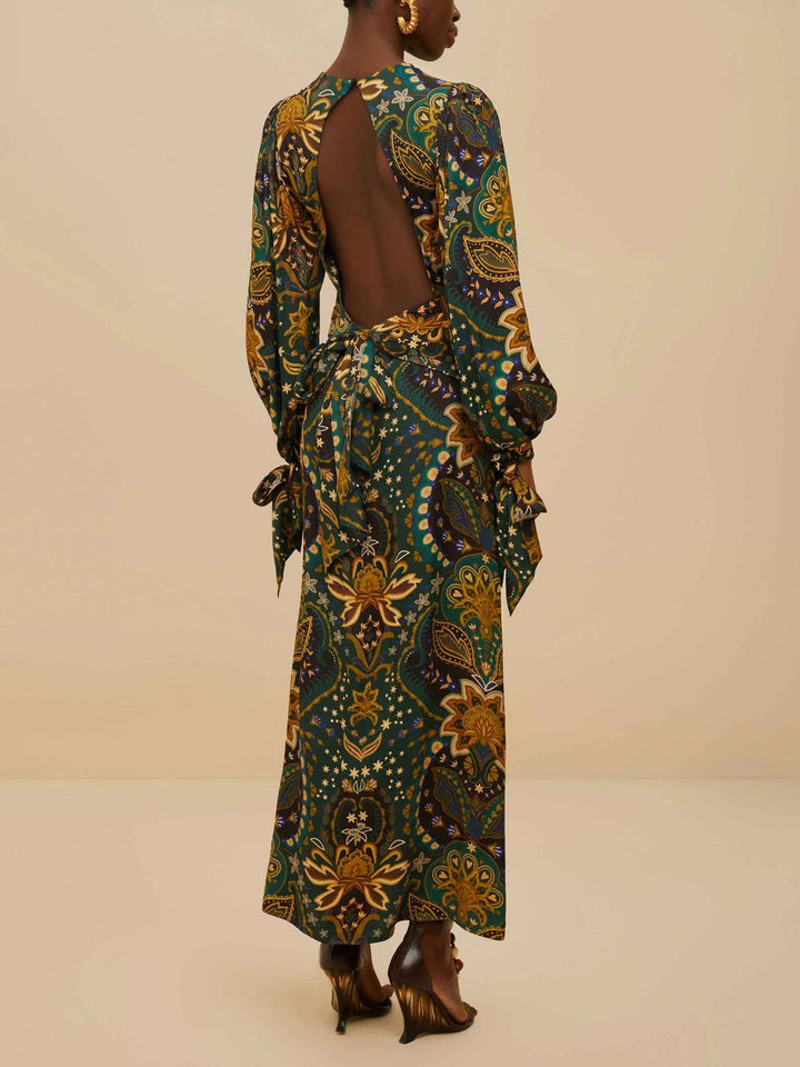 Exquisite Retro Paisley Print Belted Maxi Dress