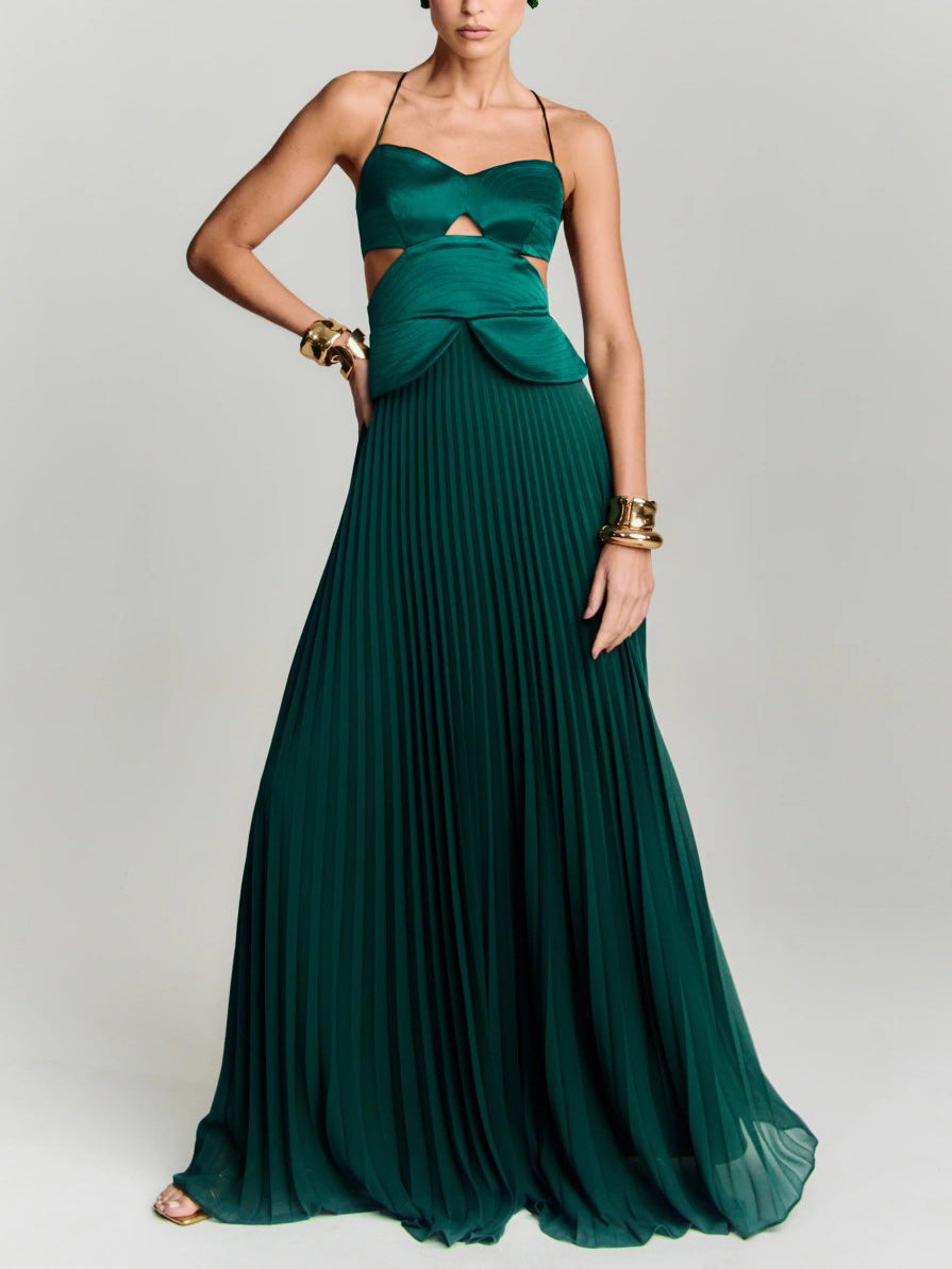 Elegant Cutout Pleated Satin Maxi Dress