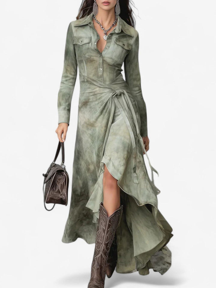 Retro Tie-Dye Print Shirt Collar Maxi Dress