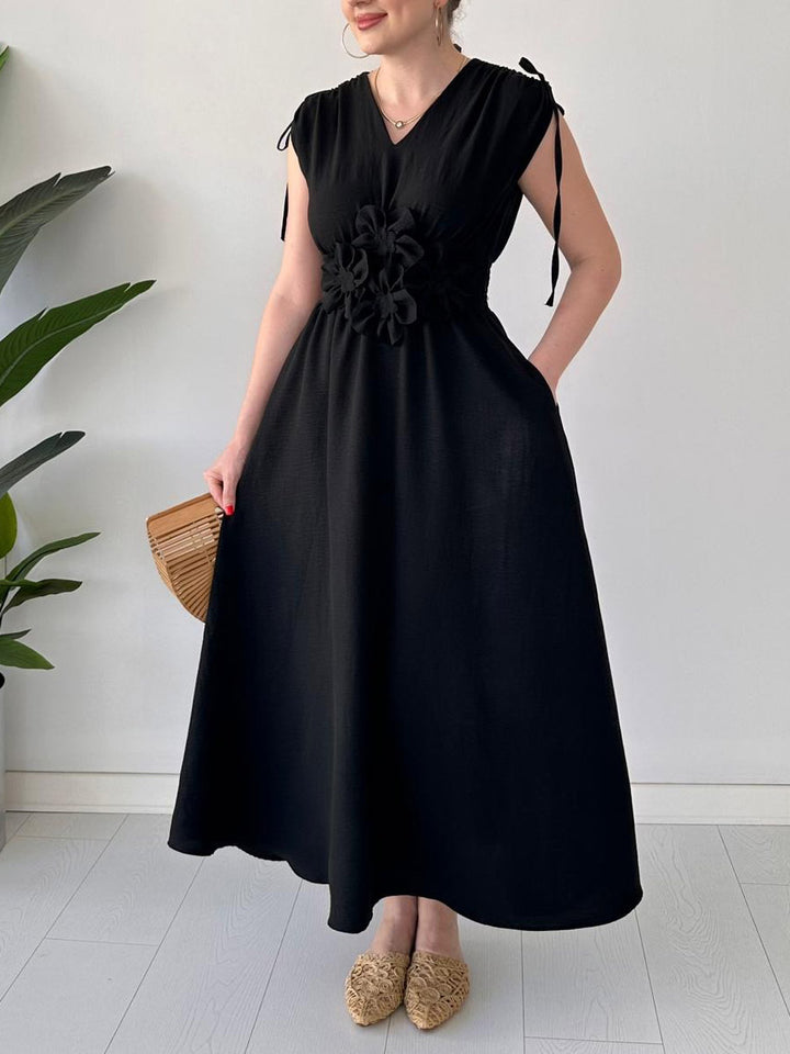 Exquisite V-neck Drawstring Floral Midi Dress
