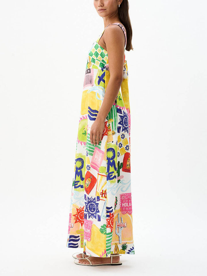 Unique Tie Back Closure Graphic Print Loose Holiday Maxi Dress