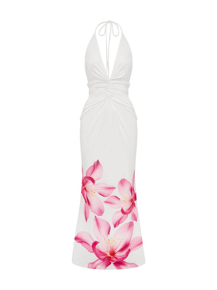 Prom Floral Print Sexy Halterneck Open Back Pleated Slim Maxi Dress