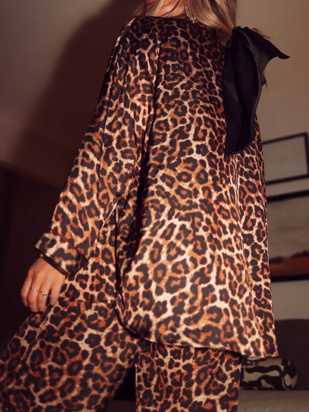 Leopard Print Loose Top Elastic Waist Wide-Leg Pants Pajama Set