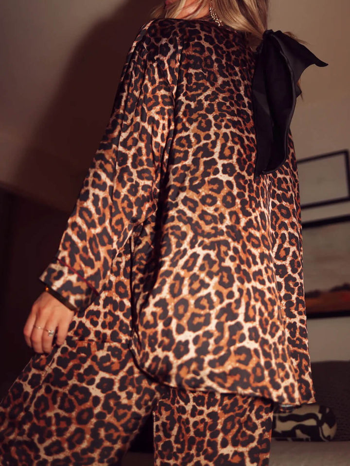 Leopard Print Loose Top Elastic Waist Wide-Leg Pants Pajama Set